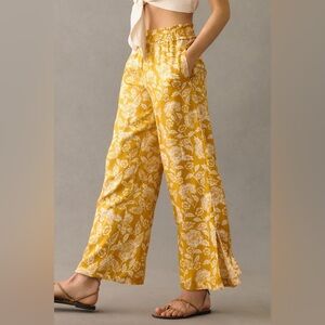 by Anthropologie Wide-Leg Pull-On Pants in yellow and white floral print size L